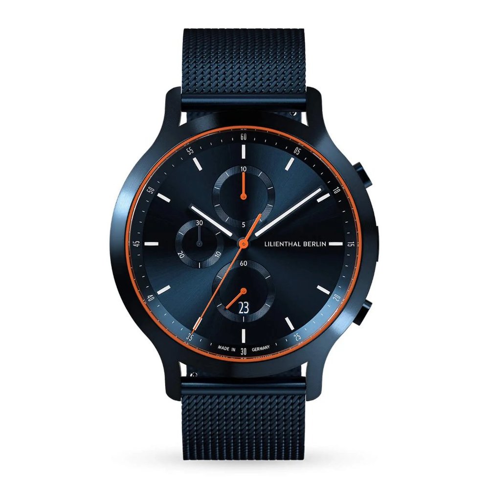 New in Box Lilienthal-Berlin Chronograph Blue Orange Men's German Made Watch